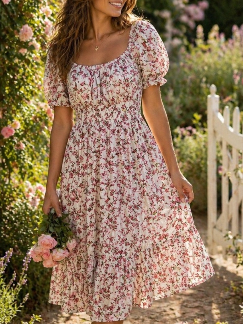 SHEIN Floral Smocked Midi Dress in White and Pink
